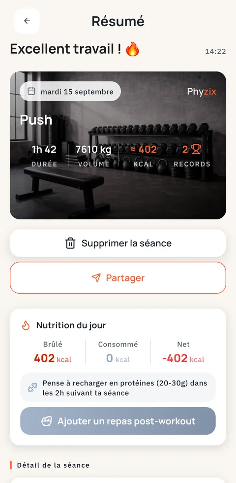 Résumé d'une séance terminée dans Phyzix : durée, volume, calories et records